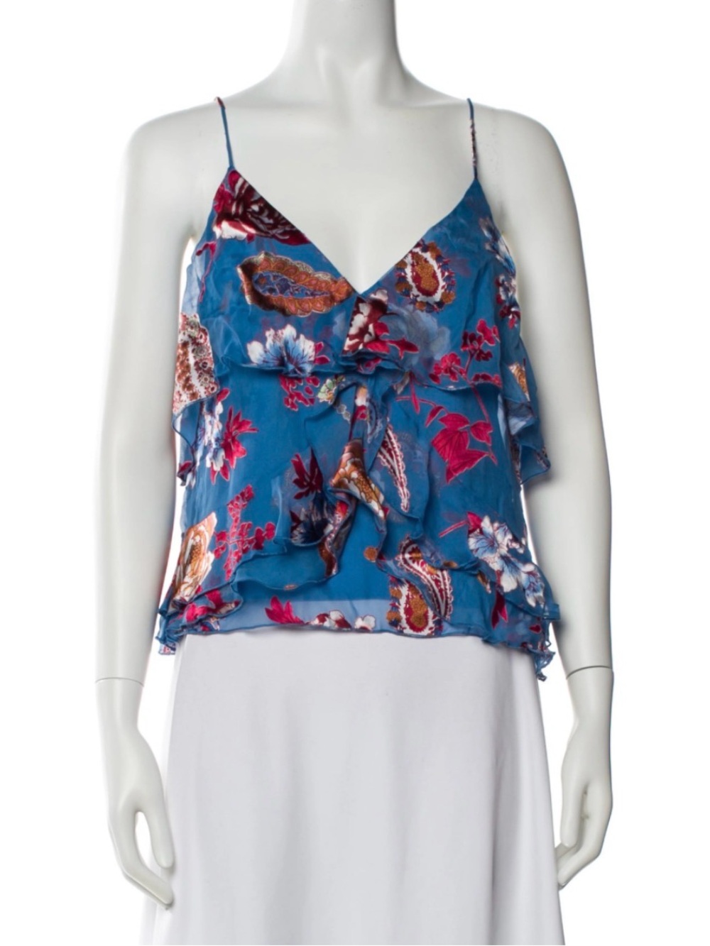 NWT Alice + Olivia Teal Blue Paisley Floral Ruffle Camisole Small Petite
